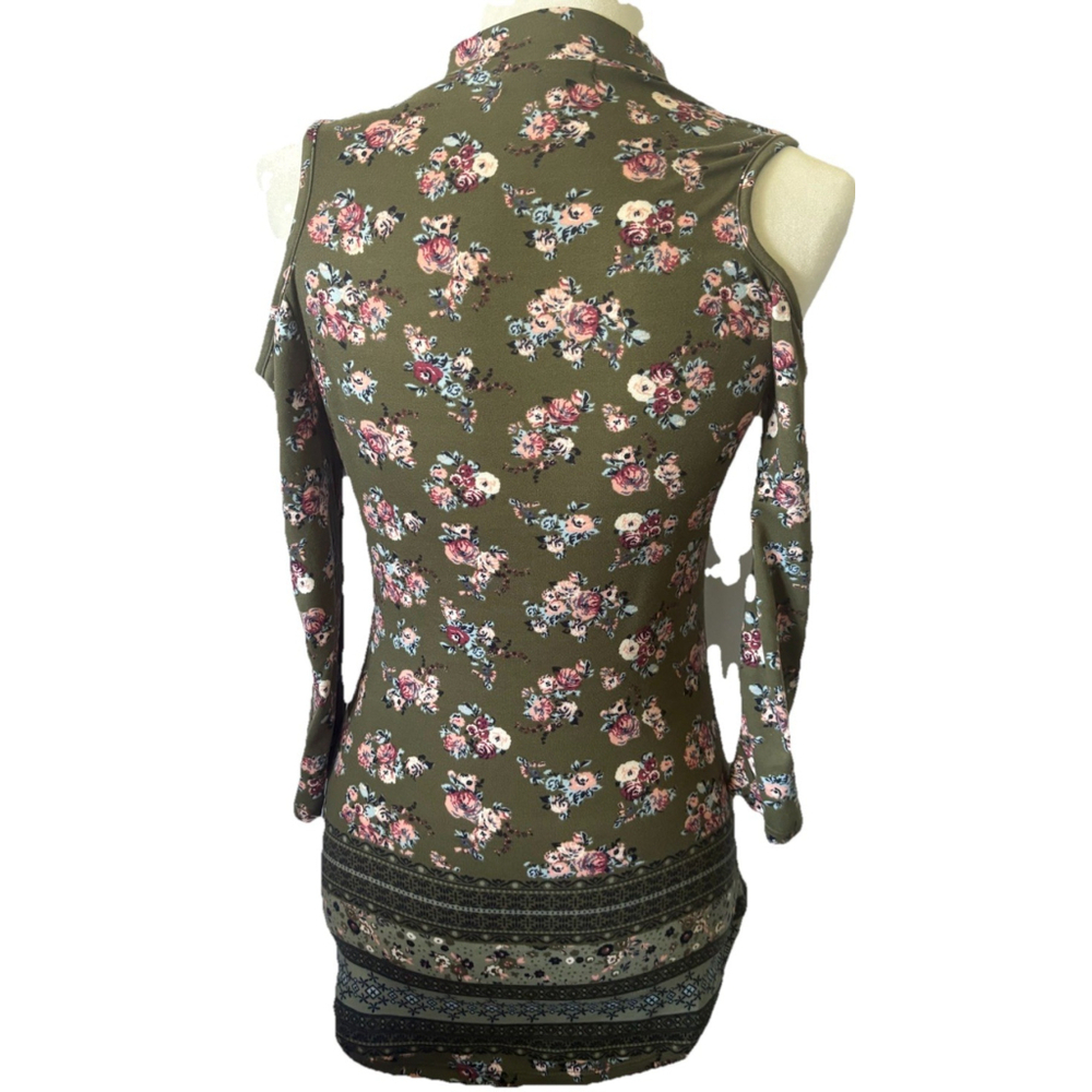 Olive Green Floral Cold Shoulder Top Choker Neck O-Ring Boho 3/4 Sleeve Small - Picture 6 of 8